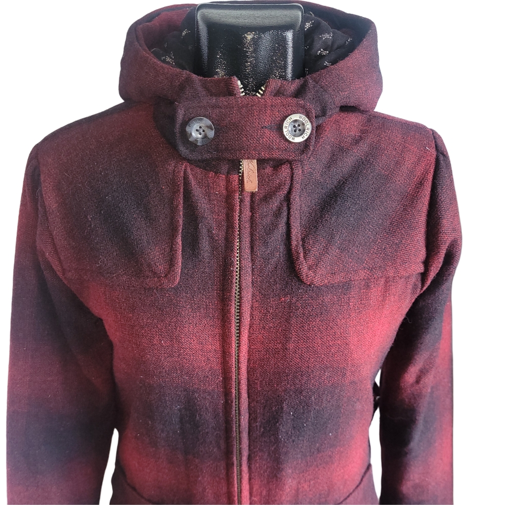 Woolrich Plaid Ombre Red Hunt Style Hooded Wool Blend Coat S - Picture 3 of 12